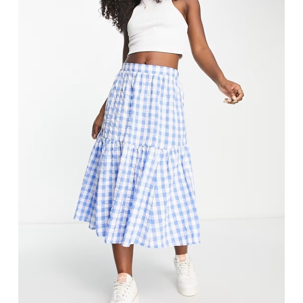 Asos‎ Monki Seersucker Skirt Sz M Blue White Gingham 100% Cotton Summer Luxe